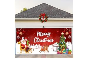 COSEVIER Christmas Garage Door Cover Banner, Red White Santa Clause Snowman Festival Large Hanging Backdrop, Merry Christmas Garage Wall Decorations for Holiday Party Décor, 7x16 FT