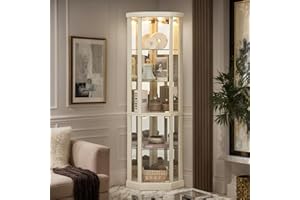 Eyisean 70" H Lighted Corner Curio Cabinet, Glass Display Cage with Tempered Glass Doors and 5 Adjustable Shelves, Wine Cabinet Storage Rack for Bar and Liquor Storage (White)