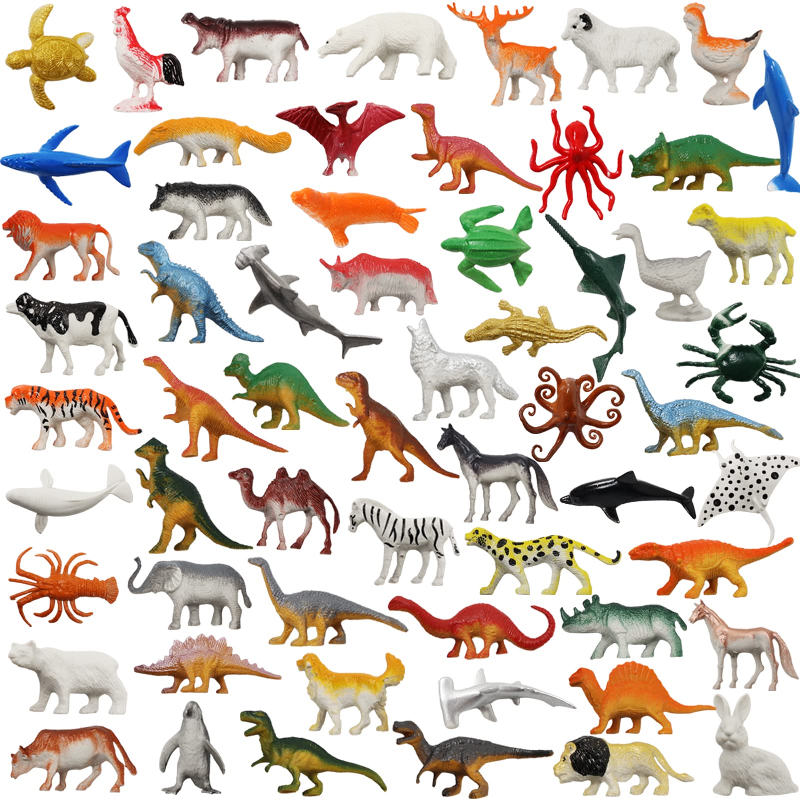 DOITEM 60 Pcs Assorted Dinosaur, Ocean, Sea, Farm, Jungle, Wild Animals & Dinosaurs Figure Realistic Plastic Zoo Play Set - Small Toys for Kids, Cupcake Topper, Party Favors