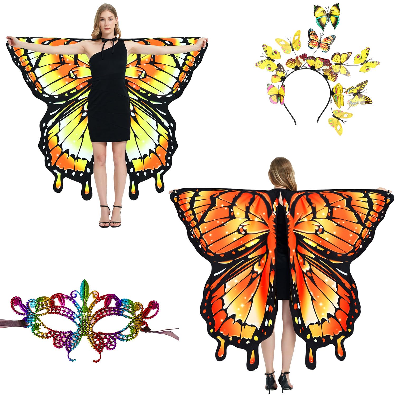 LYL. Ling Halloween Costumes Adult Women，Double-Sided Butterfly Wings Adults，Monarch Butterfly Costume for Women，3PCS Fairy Wings Set.