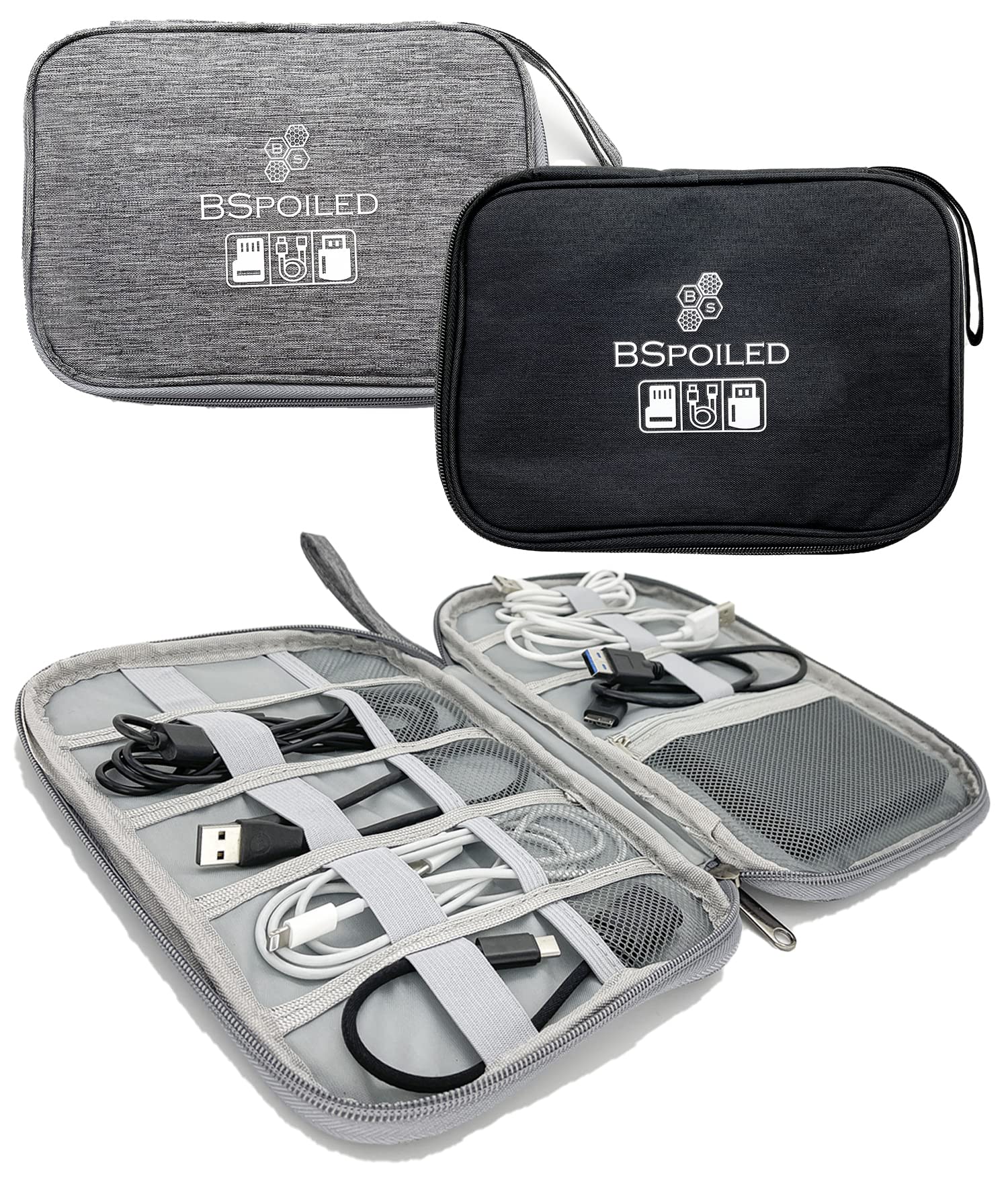 BSpoiled Electronics Accessories Organizer Bag, Travel Cable Organiser Bag, Universal Carry Travel Gadget Bag for USB Cable Drive, SD Card, Charger Wires Cable (Black)