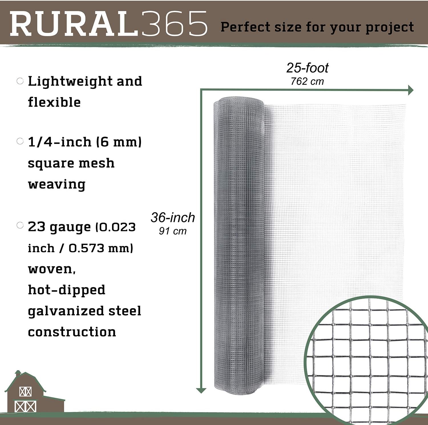 Rural365 Galvanized Steel Hardware Cloth 1/4 Inch Welded Mesh Chicken Wire Fence Cage Screen Netting - 3x25ft Bulk Roll: Home & Kitchen