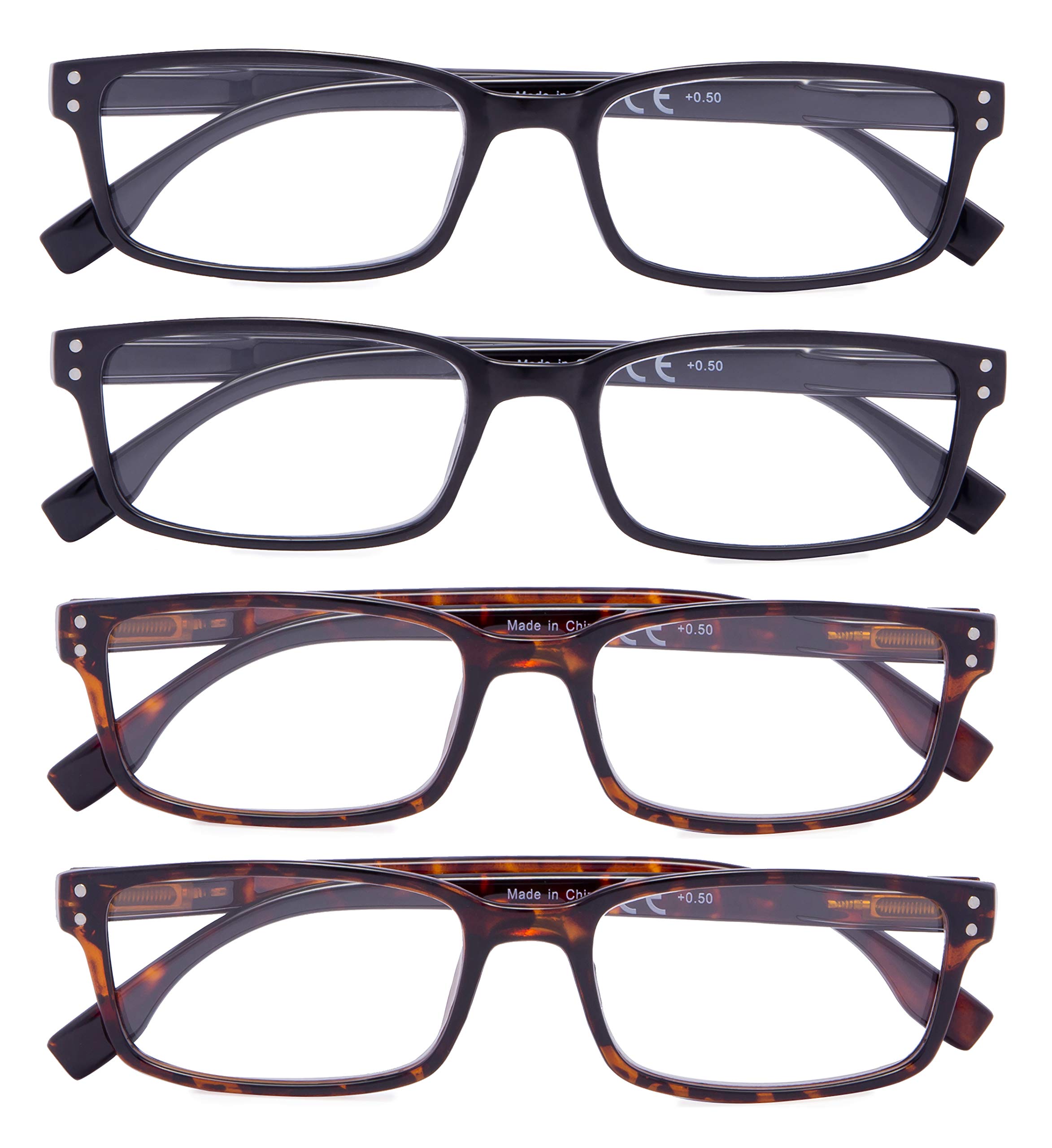 CessBlu 4 Pack Vintage Reading Glasses Men Comfort Readers Women Reading Eyeglasses(2DEMI+2Black,+3.50)