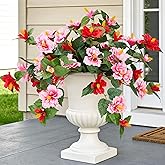 INXUGAO Artificial Flowers for Outdoors Indoors,2 Bunches Fake Hibiscus with Realistic UV Resistant Silk Flower Fabric Leaves,Faux Plants Outside for Home Patio Garden Yard Front Poch Decor(Red,Pink)