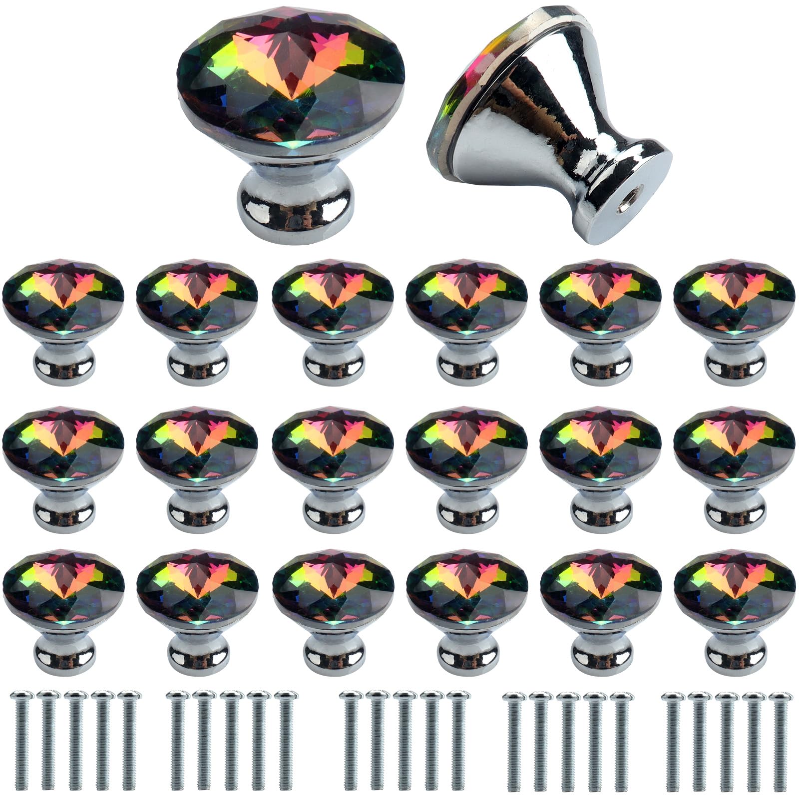 Roellgs 20 Piece 30mm Stained Crystal Glass Diamond Door Handle with Screws, Premium Light Luxury Handle Wardrobe Drawer Handle Single Hole Handle