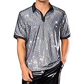 Lars Amadeus Sequin Polo for Men's Shiny Short Sleeved Party Disco Metallic Polo Shirts