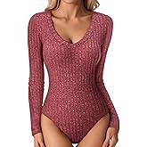MANGOPOP Women's V Neck Long Sleeve Bodysuit Sweater Slim Fitted Body Suit Thermal Fleece Ribbed Knit Fall Tops 2025