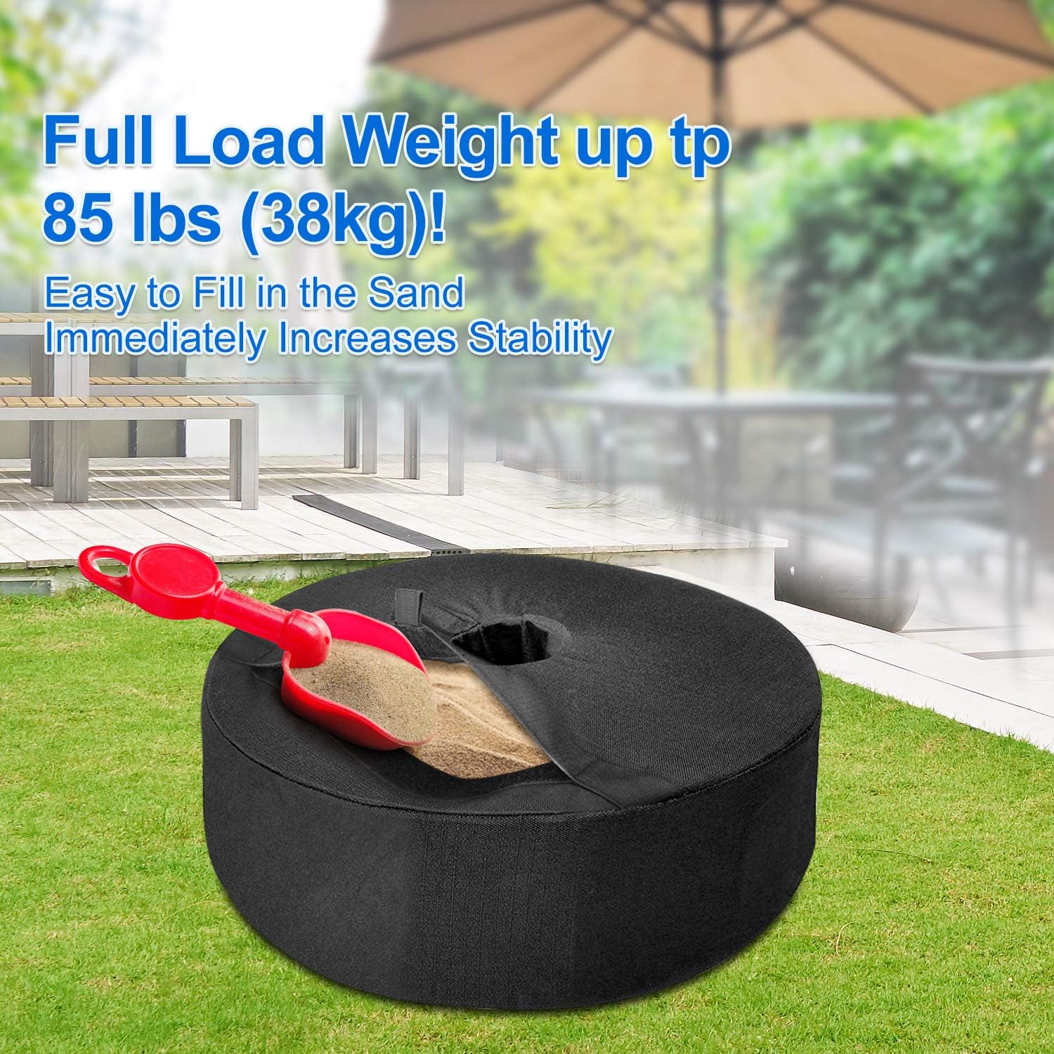 Universal Size For Different Outdoor Patio Umbrella 38 Kg Finest Patio Umbrella Base Weight Bag 900d Waterproof Uv Protection 18 Round Heavy Duty Up To 85 Lbs Sand Patio Furniture Accessories