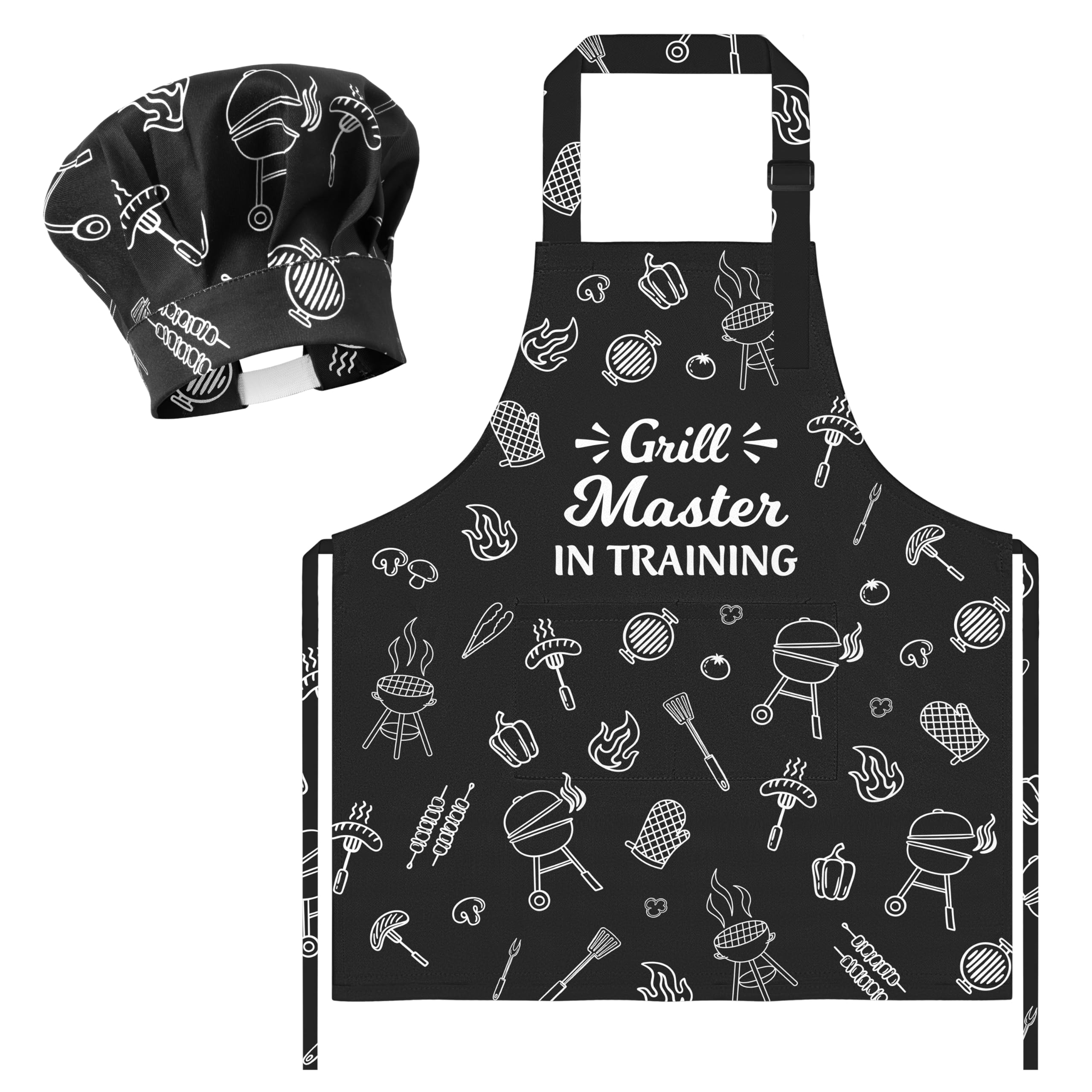 R HORSE Kid Apron and Chef Hat Set - 2Pcs Adjustable BBQ Mini Grill Children Kitchen Apron, Dress up Role Play Chef Toy Funny Cooking Baking Painting and Training Kits for Kids Birthday Gift