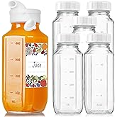 6 Pack 16 Oz Glass Juice Bottles with Pour Spout, 100% Airtight Heavy Duty SCREW Lid- Reusable Glass Milk Bottles w Capacity Mark, Square Drinking Jar Juice Container Breast Milk Pitcher(Extra 2 Lid)