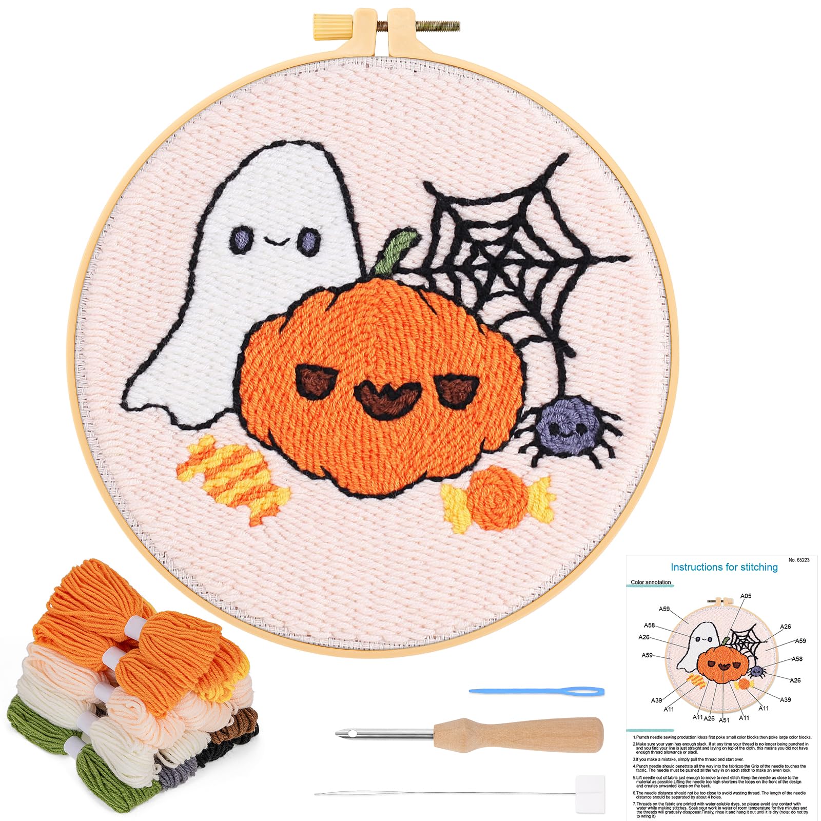 JSRQT Punch Needle Embroidery Starter Kits Halloween DIY Craft for Beginners Adults Beginner Rug Hooking Kit Ghost Pumpkin Rug-Punch & Pinch with Hoops Instructions