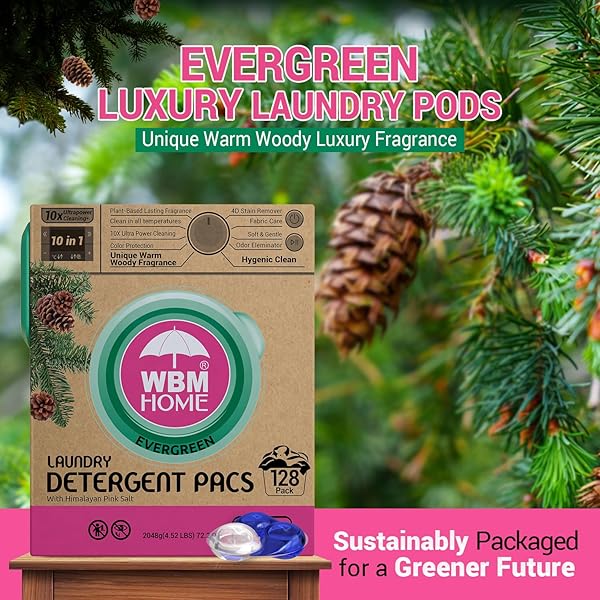 WBM LAUNDRY DETERGENT PODS – ULTRA-CONCENTRATED, HYPOALLERGENIC, STAIN-FIGHTING, EVERGREEN SCENT, 128-PACK, RECYCLABLE PACKAGING FOR ECO-FRIENDLY CLEANING