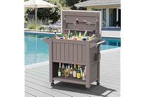 Dovov 120-Quart Patio Cooler with Wheels, Outdoor Portable Rolling Cooler with Bottle Opener & Shelves, Stainless Steel Lid, Backyard Rolling Ice Chest for BBQ Party Camping Cookouts, Light Brown