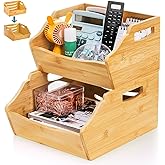 Cididu 2 Pack Bamboo Stackable Storage Bin, Countertop Open Front Stacking Bins, 2 Tier Organize Basket Box with Handle, Food Fruit Container for Cabinet, Kitchen, Studio, Office