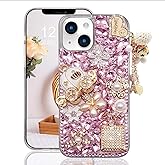 Guppy for iPhone 14 Bling Glitter Case,Luxury Diamond Rhinestone Gemstone 3D and Flower Gemstone Pumpkin Car Tower Pendant Pearl Soft TPU Back Cover Case for Women Pink