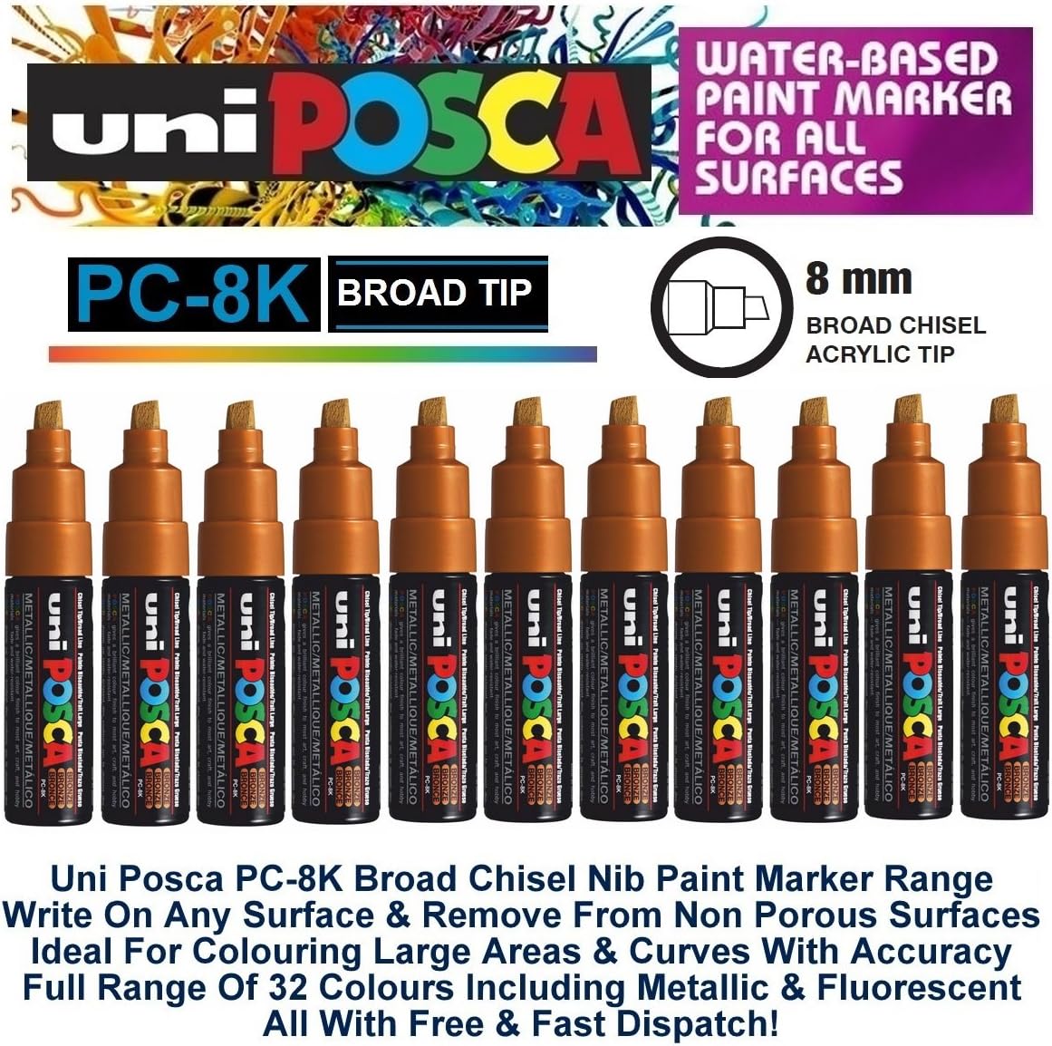UNI POSCA PC8K CHISEL TIP MARKER PEN BRONZE (BOX OF 6