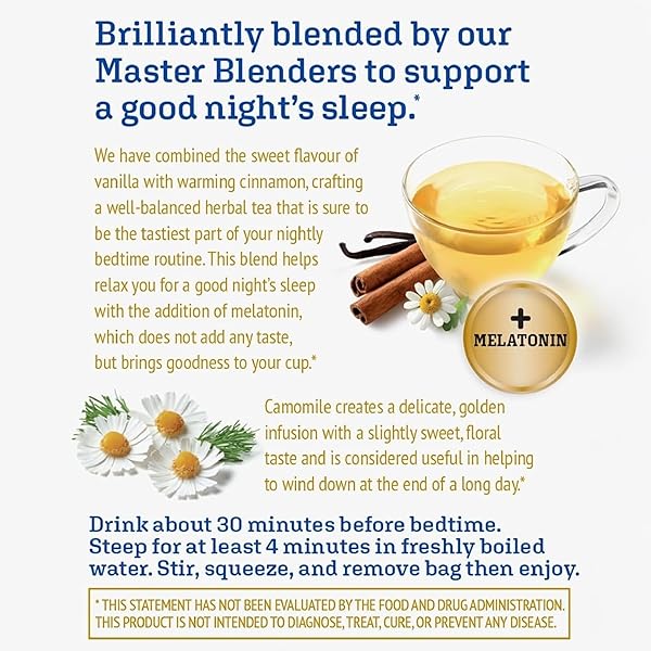 TWININGS SUPERBLENDS SLEEP+ HERBAL TEA WITH 1MG MELATONIN, CAMOMILE, CINNAMON & VANILLA, NATURALLY CAFFEINE-FREE, 16 COUNT (PACK OF 6), 96 TEABAGS