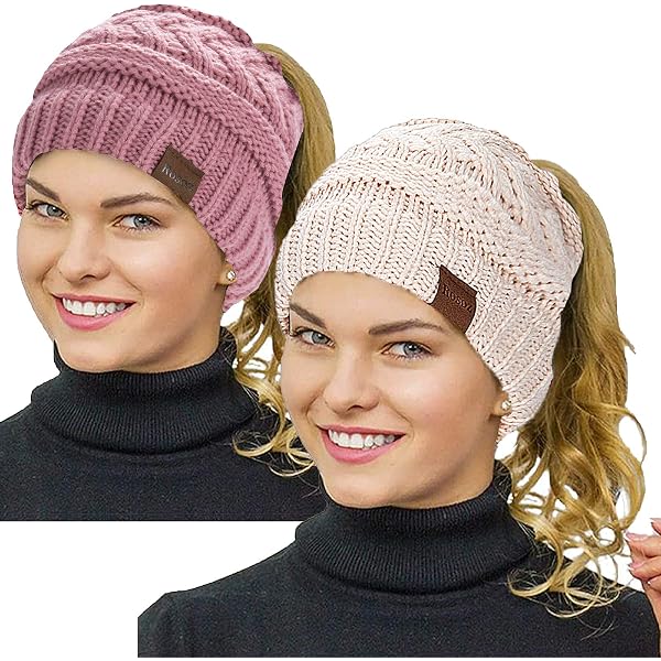 Ponytail Beanies For Women - 2-Pack Cable Knit Winter Hats With Bun Hole - View #8