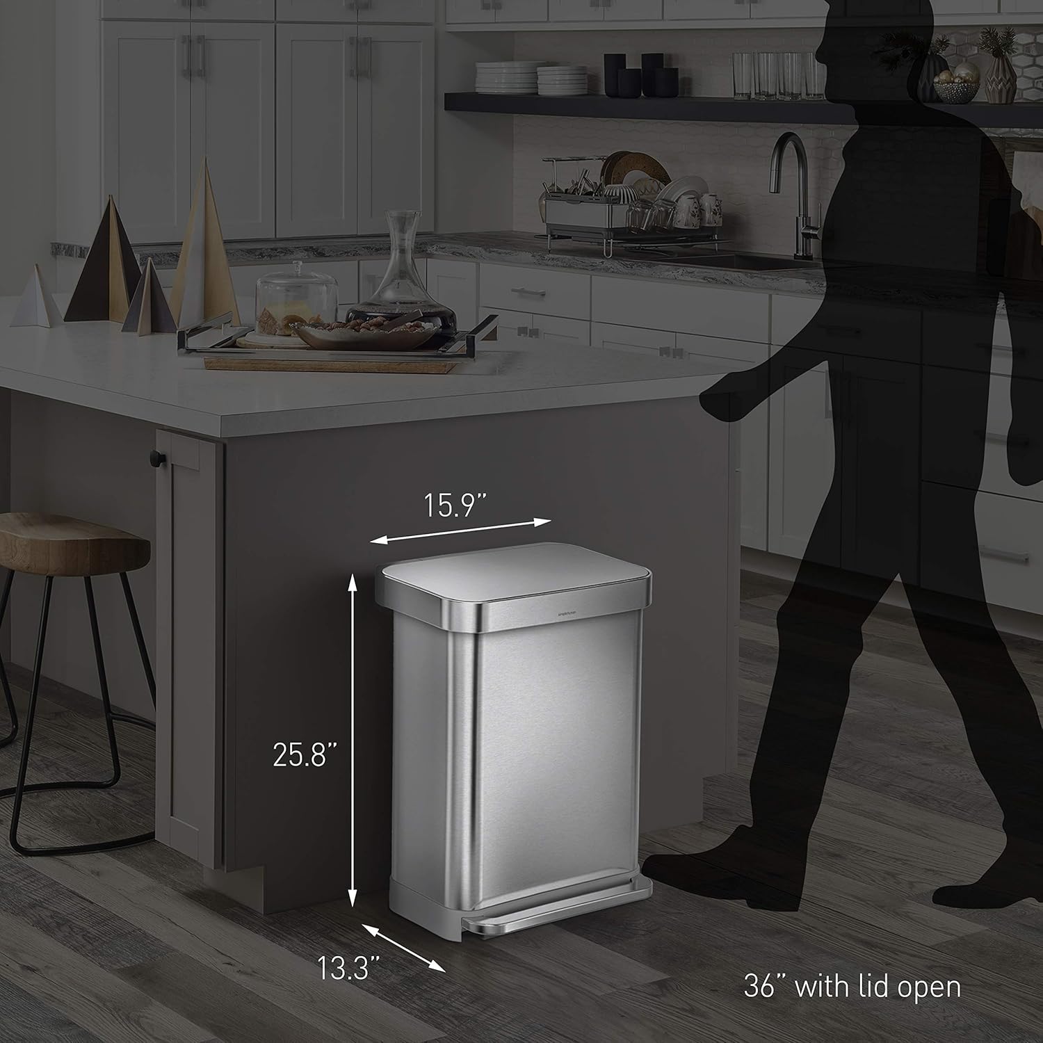 simplehuman 45 Liter Rectangular Hands-Free Kitchen Step Trash Can with Soft-Close, Brushed Stainless Steel with Plastic Lid: Home & Kitchen