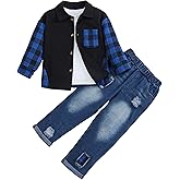 Woleroyir Toddler Baby Boy Clothes Flannel Long Sleeve Plaid Shirt Ripped Denim Jeans Outfit Set Boys Fall Outfits 2-6 Years