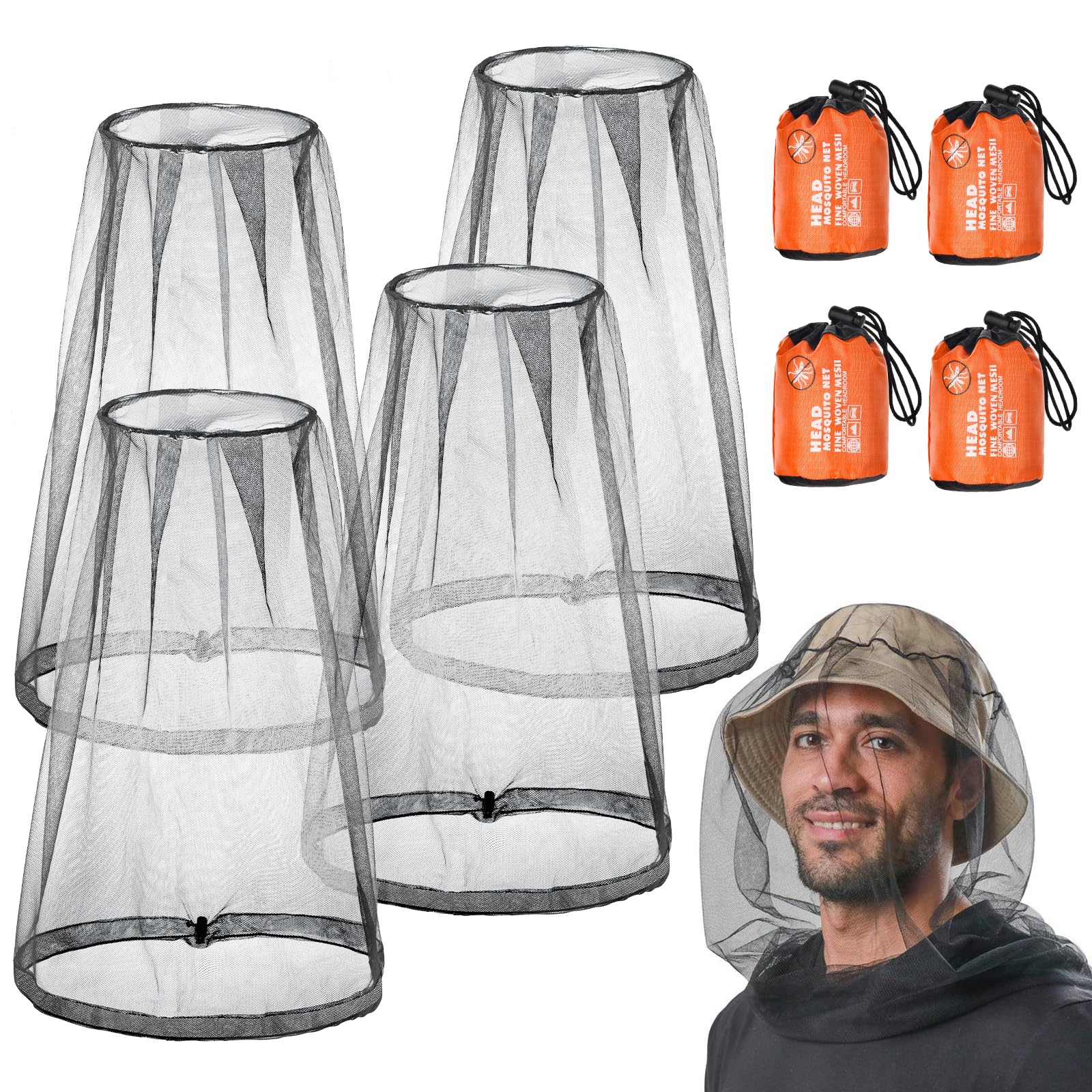 ACWOO Midge Head Net, Mosquito Head Protecting Net with Storage Bag, Mosquito Head Net Face Mesh, Fine Mesh Insect Netting Cover for Outdoor, Hiking, Camping, Climbing, Walking, Fishing (Black, 4PCS)