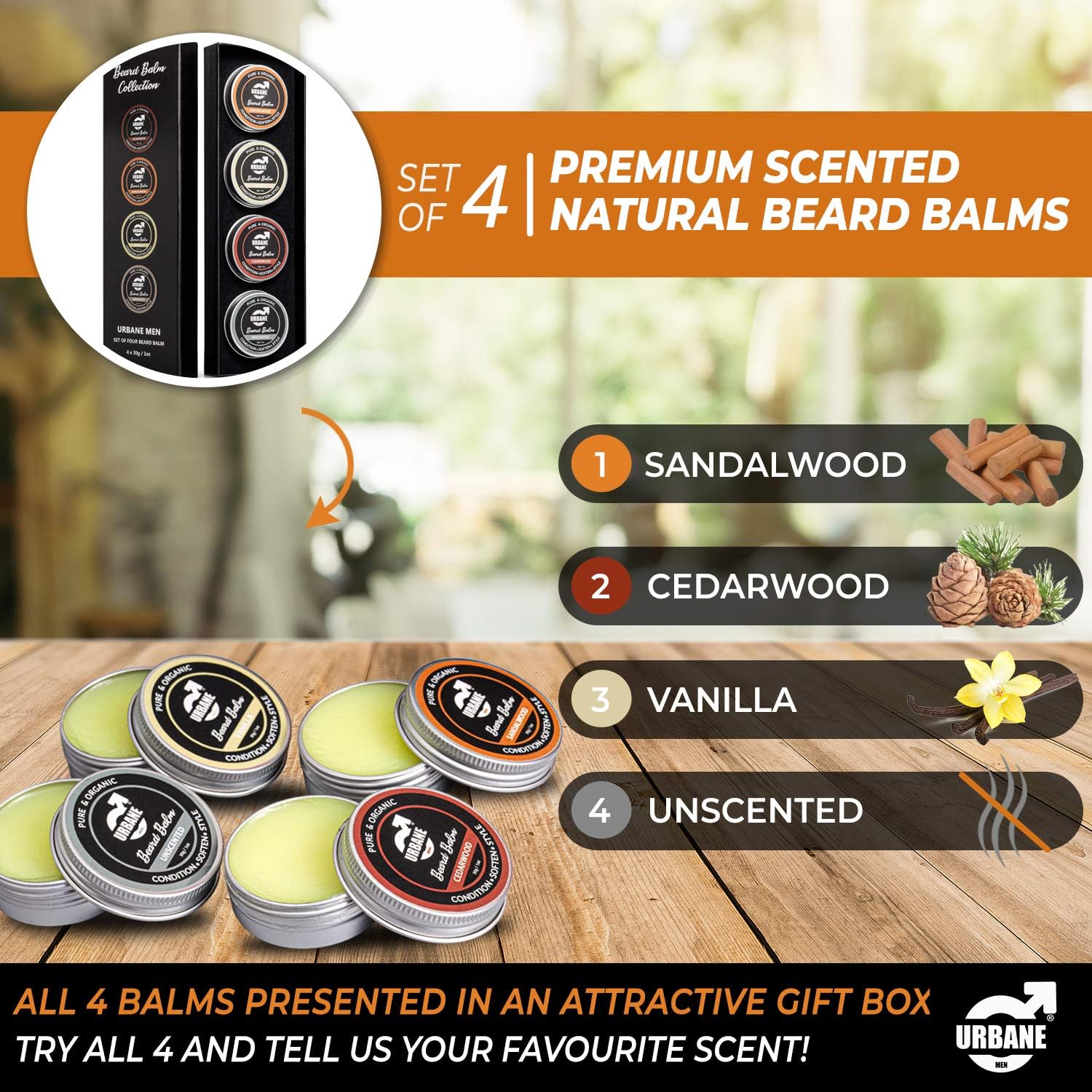 Urbane Men Beard Balm Pack of 4, Premium Beard Kit with Sandalwood, Vanilla, Cedarwood, Unscented Essential Oils - Image 3