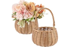 Weysat 2 Pcs Small Flower Girl Basket with Handle Wicker Rattan Flower Basket Set, Rustic, Hand Woven for Wedding Girl Home Decorations Picnic Garden Candy Sweets Gifts Storage, Multifunctional