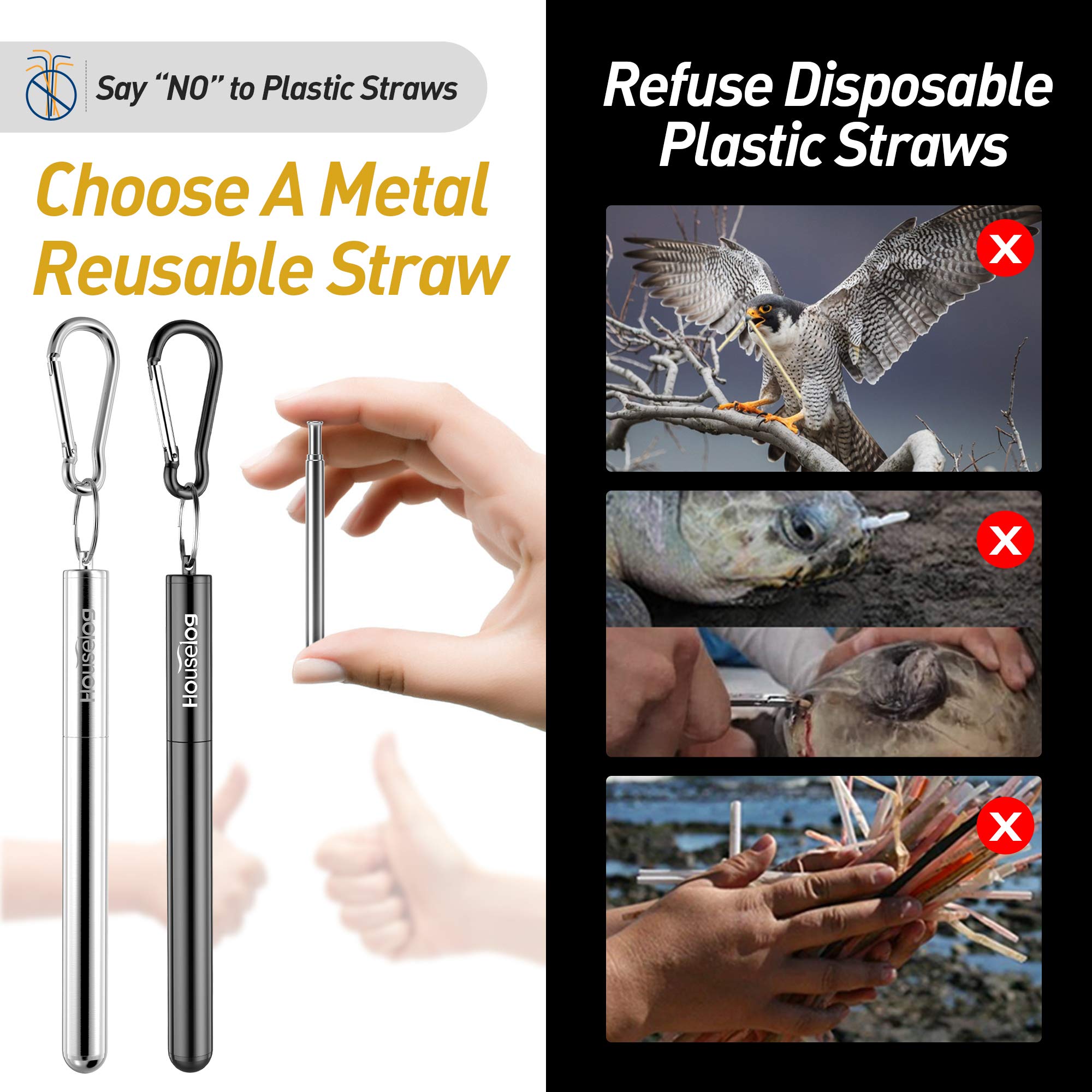 Reusable Straws - 2 Pack Telescopic Reusable Straws Stainless Steel Metal Drinking Straw (Black/Silver)