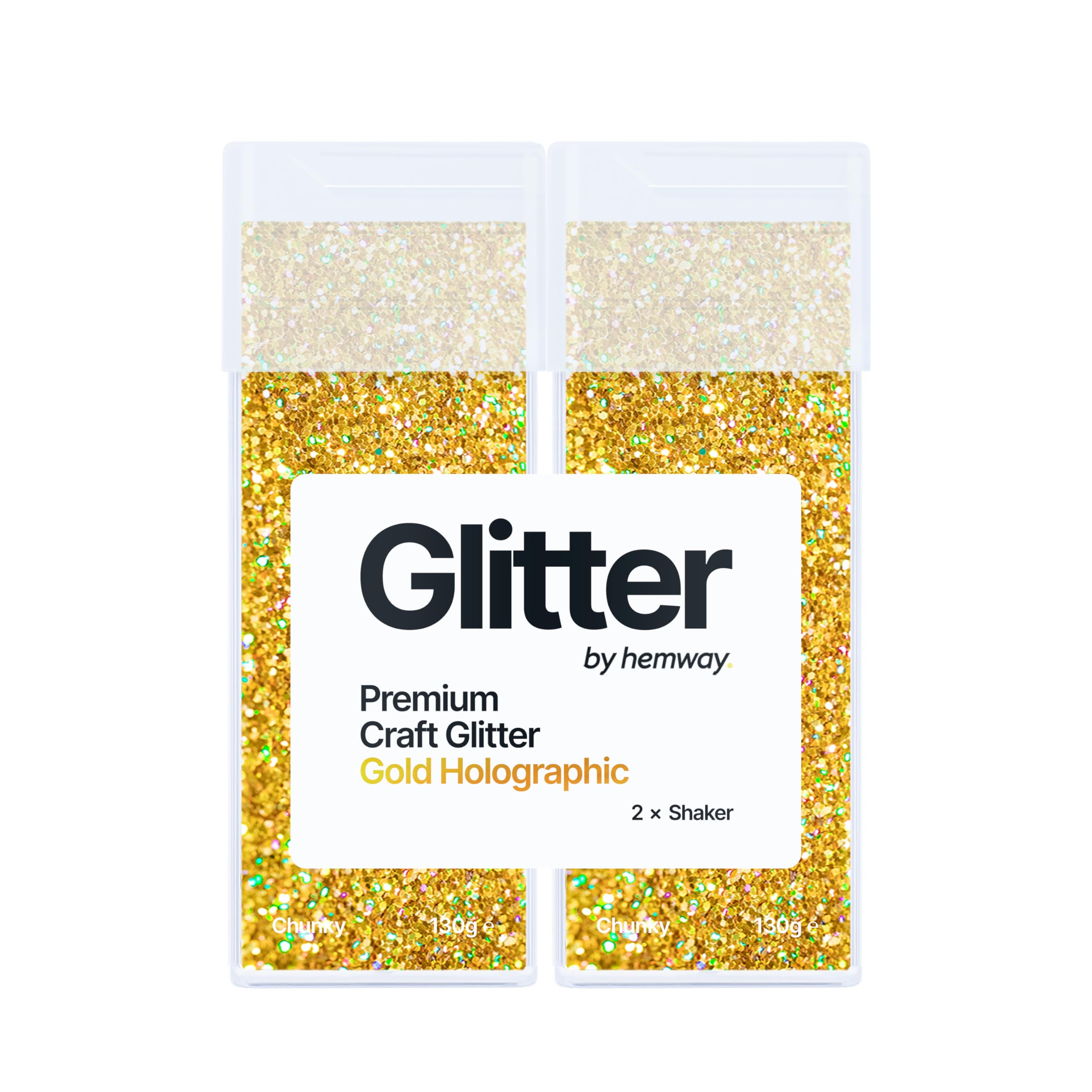 Hemway Glitter Shaker Gold Holographic 130g x2 Pack Chunky, Craft Glitter Shakers for Resin & Epoxy Crafts, Christmas Art Supplies, Nail, Body, Face, Eye, Festival, Crafting, Slime, Sparkle