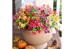 HyeFlora Artificial Flowers for Outdoor Indoor Garden Home Decoration, Faux Flower Daisy with Eucalyptus Leaves Fake Plants Greenery Boxwood Porch Patio, 12 Bundles (Mix Pink Red Purple Yellow)