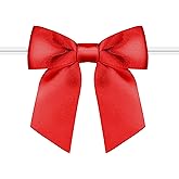 RainbowPana 60 Pack Christmas Luxury Twist Tie Bows, Red 3" Satin Ribbon Pretied Bows, Premade Craft Decoration for Package Cake Pop Basket Favors Cookie Candy, Gift Wrapping Baby Shower Wedding