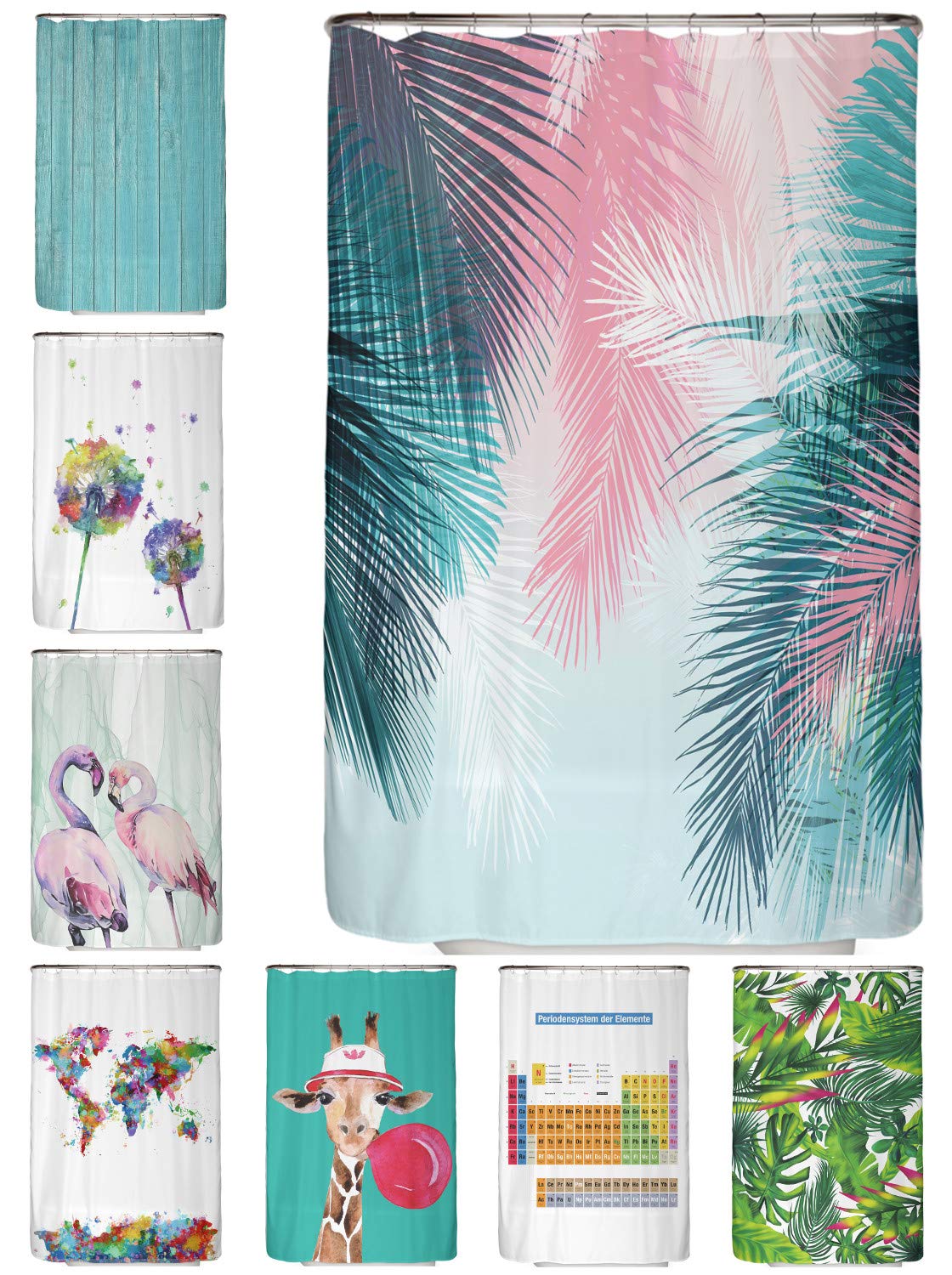 arteneur® - Palm leaves - anti-mould shower curtain 120 x 200 cm with Oeko-Tex Standard 100 - weighted hem, opaque, waterproof, washable, hooks and e-book (English language not) — image 1