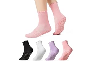 COOLMATE GLOBAL COOLMATE 4 Pairs Ruffle Pilates Socks with Grips for Women, Cute Non - Slip Crew Socks for Yoga, Barre, Lagree, Pregnant (US, Numeric, 6, 10, Regular, Regular, 4, Black/White/Light Purple/Pink)