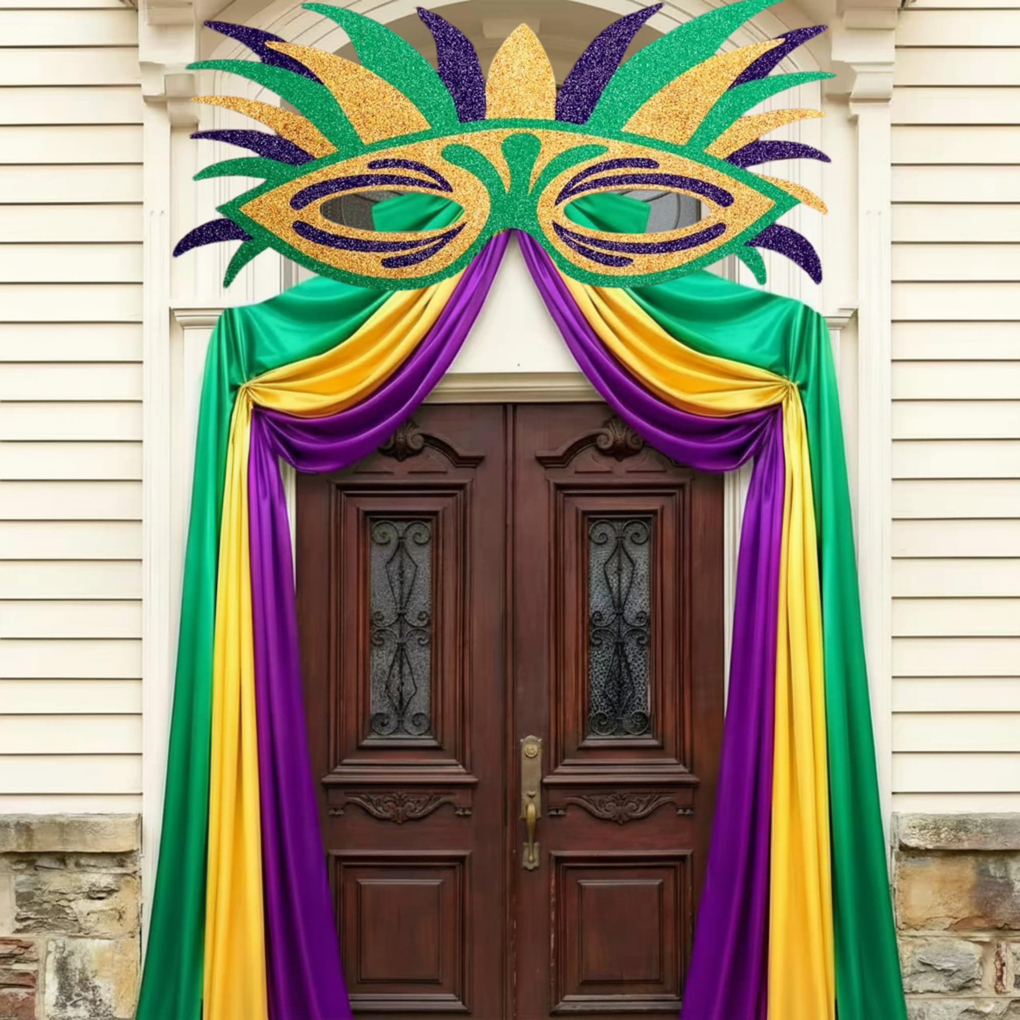 Photo 1 of Thyle 4 Pcs 95 x 35 Inch Mardi Gras Decoration Mardi Gras Door Frame Decoration Satin Fabric Bunting Glitter Mask Green Gold Purple Carnival Hanging Decor for Door Porch Party Indoor Outdoor Decor
