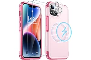 Red2Fire Magnetic for iPhone 14 Plus Case [Compatible with Magsafe][Military Grade Drop Protection][Glass Screen Protector+Camera Lens Protector] Heavy Duty Shockproof Phone Case 6.7" - Pink