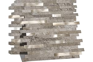 KASARO 10-Sheet Peel and Stick Backsplash Tiles for Kitchen, Marble Slate with Vintage Silver Embellished Stripes, Self-Adhes