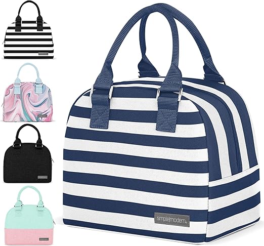 blue and white striped lunch bag
