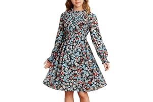 GRACE KARIN Girls' Floral Long Sleeve Dresses Kid Mock Neck High Waist Casual Formal Elegant Fall Dress Size 5-14Y