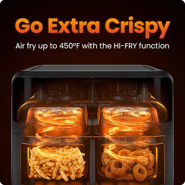 CHEFMAN 6 QUART DUAL BASKET AIR FRYER OVEN WITH EASY VIEW WINDOWS, SYNC FINISH, HI-FRY, AUTO SHUTOFF, 2 INDEPENDENT 3QT NONSTICK DISHWASHER SAFE FRYING BASKETS, DIGITAL DOUBLE AIR FRYER – BLACK