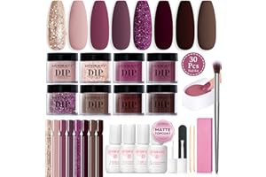 AZUREBEAUTY Dip Powder Nail Kit Starter Glitter Purple Nude Brown 8 Colors 30 Pcs with Nail Swatch Sticks, Dipping Powder Liquid Set Matte Top Coat for Fall Winter Nail Art Manicure Salon DIY Home
