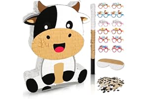 LAKINGO Cute Cow Piñata for Birthday Girls and Boys, Yellow Cow Piñata Includes 12pcs Paper Glasses, Blindfold, Stick, and Confetti, Perfect Farm Animal Themed Party Decorations (16 x 13 x 3.5 Inch)