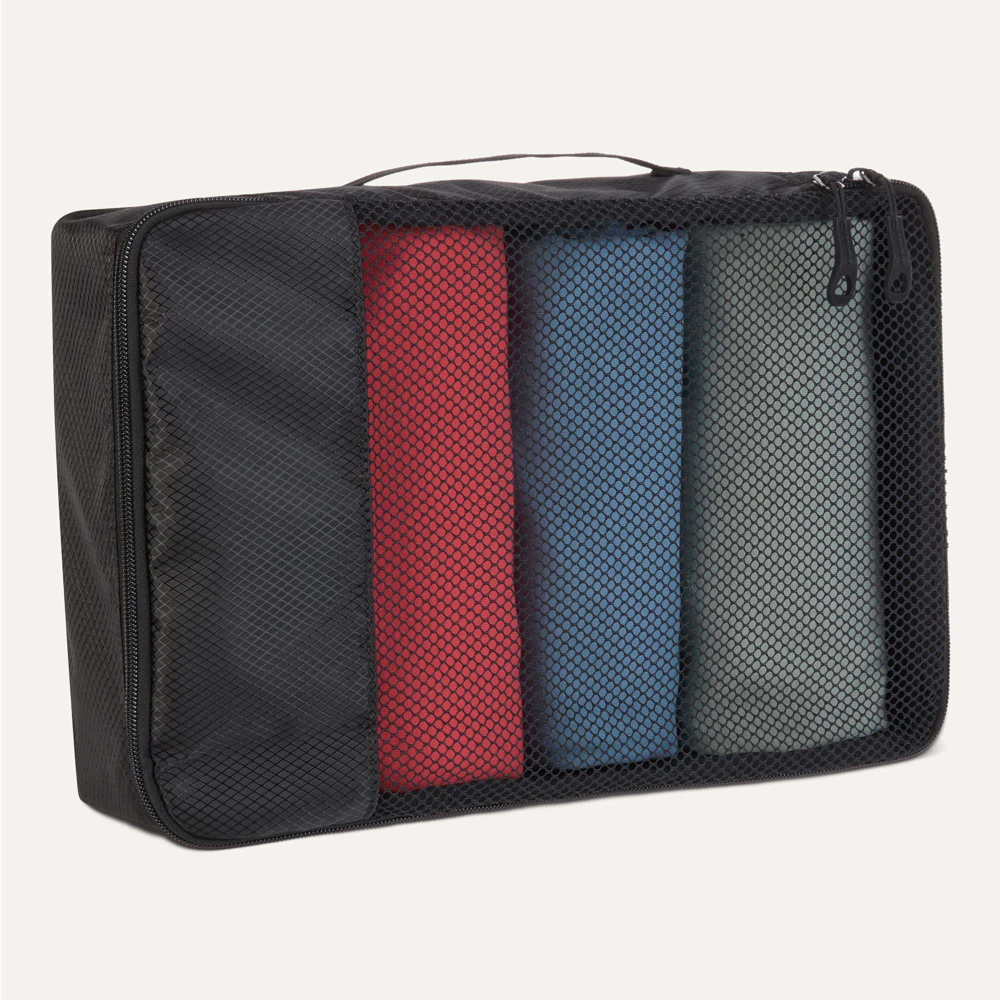 Amazon Essentials 4-teiliges Packwürfel-Reisezubehörset, Gepäckorganizer mit Doppelreißverschluss, Netzoberseite, 100% Polyester, klein/mittel/groß/schmal, schwarz (früher Amazon Basics) 4