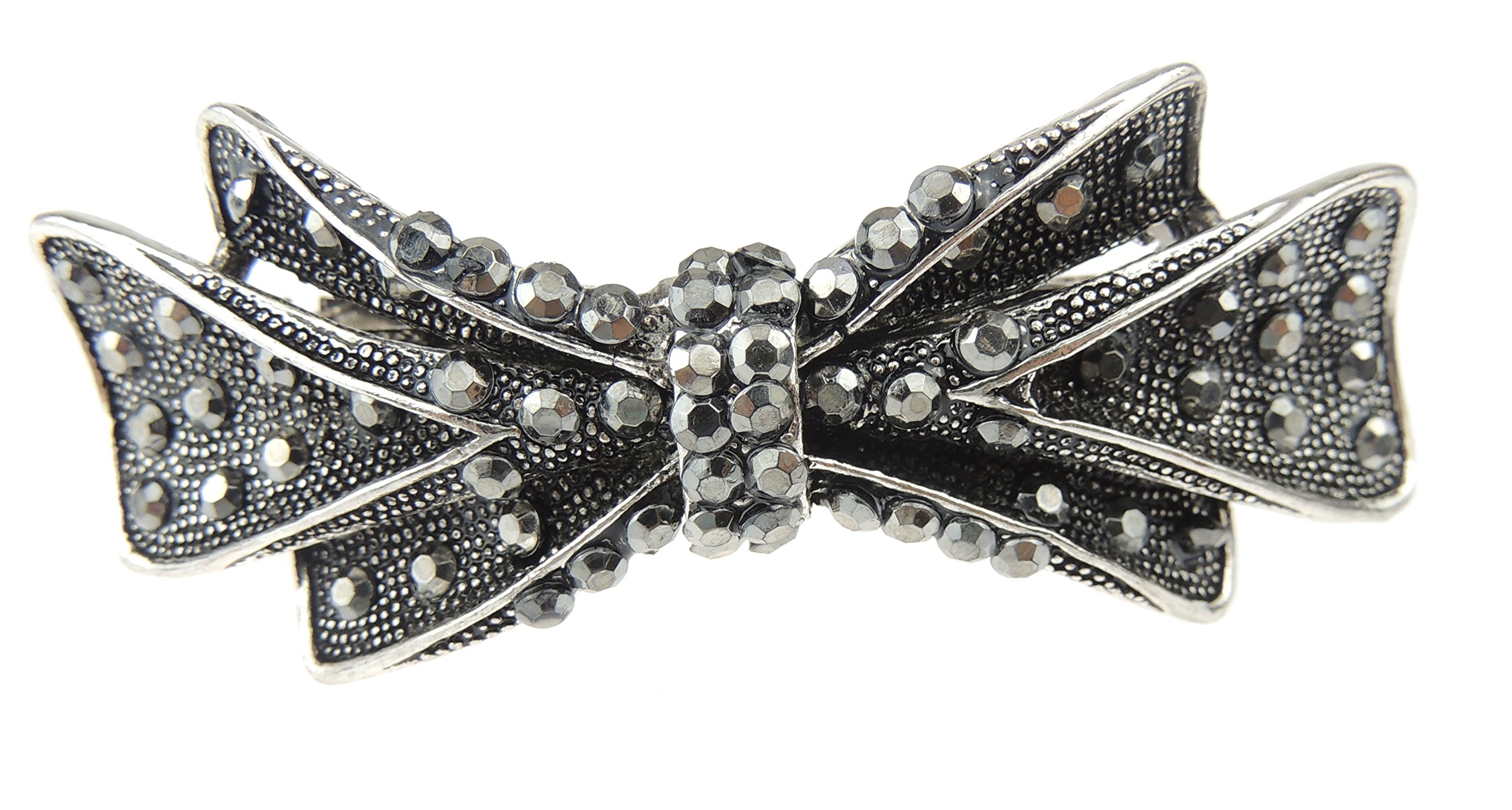 Womens Girls Antique Look Crystal Rhinestone Diamante Wedding Birthday Party Evening Ponytail Fine Medium Hair Accessories Barrette Hairpin Silver Tone Metal French Spring Clip Bow (Dark Grey)