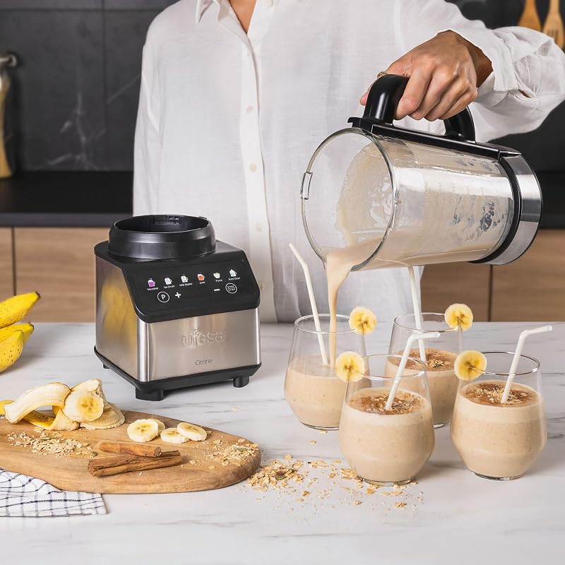 Liquidificador Digital Citrine 1200W, Garrafa de Vidro 1,5L, 7 Funções Automáticas, 4 Lâminas em Aço Inoxidável, Auto-Limpável e Gelo Triturado, Batidos, Controlo Tátil, Antiderrapante