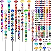230 Pcs Beaded Garden Stakes, DIY Fairy Wand Garden Stake Beads Kits with 200 Colorful Assortment Round Large Hole Beads with 10 Crystal Stopper Top, 10 Threaded Rod and 10 Nuts for Outdoor Decoration