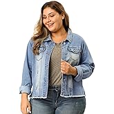 Agnes Orinda Women's Plus Size Classic Washed Front Frayed Denim Jacket