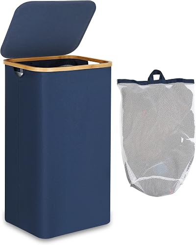 efluky XL 100L Laundry Basket with Lid Bamboo Handles & Inner Bag (Blue)