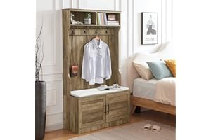Betoko Hall Trees with Bench and Coat Racks, 71 Inch Entryway Bench with 2 Cabinet Doors, Wood Coat Tree Mudroom Storage Benches (Rustic Oak)