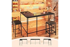 HUAHUU Bar Table and Chairs Set for 2-4, 63'' Convertible L-Shaped Kitchen Table with Power Outlets, 3 Piece Counter Height Small Dining Table with 2 Stools, Space Saving, Breakfast Nook Corner, Black