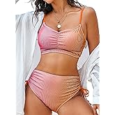 Herseas Women 2 Piece High Waisted Bikini Set Tie Dye Front Scoop Neck Swimsuit Ruched Spaghetti Straps Bathing Suit